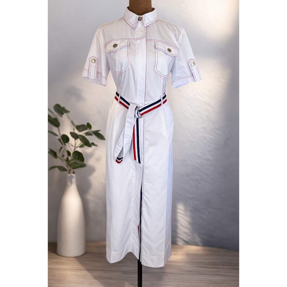White Utility Shirt Dress Belted Cotton Midi Andre Tan Designer Large NWOT
